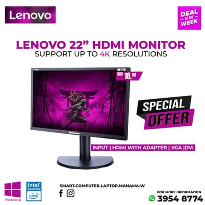 LENOVO 22" LED HDMI Monitor Support up to 4K Res Ports - HDMI Adapter