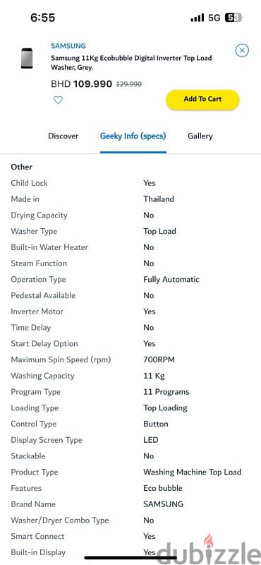 top load washing 11kg 2