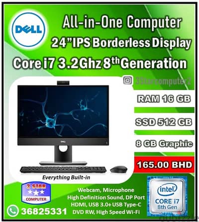 Dell All In One Computer Core i7 8th Gen 3.2Ghz 16GB RAM 512GB SSD 24"