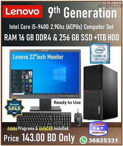 Lenovo i5 9th Gen Computer Set RAM 16GB 22"Monitor 256GB SSD+1TB HDD