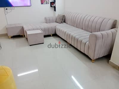 L shape Sofa with stool, table and cushions