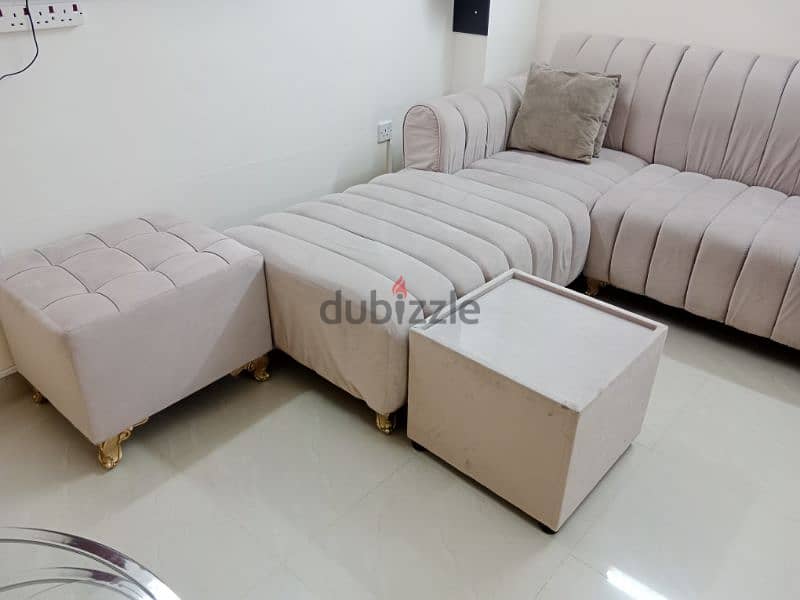 L shape Sofa with stool, table and cushions 2