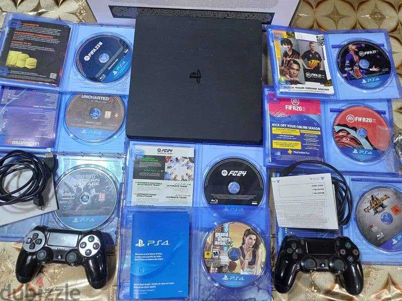 Ps4 slim like new & 8cd games & 2 original controllers with box للبيع 0