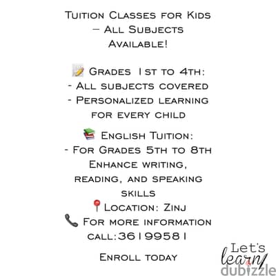 Tuition Classes for Kids – All Subjects Available