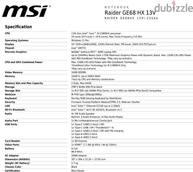 RTX4090 GAMING LAPTOP MSI Raider GE68 HX 13V RTX 4090 3