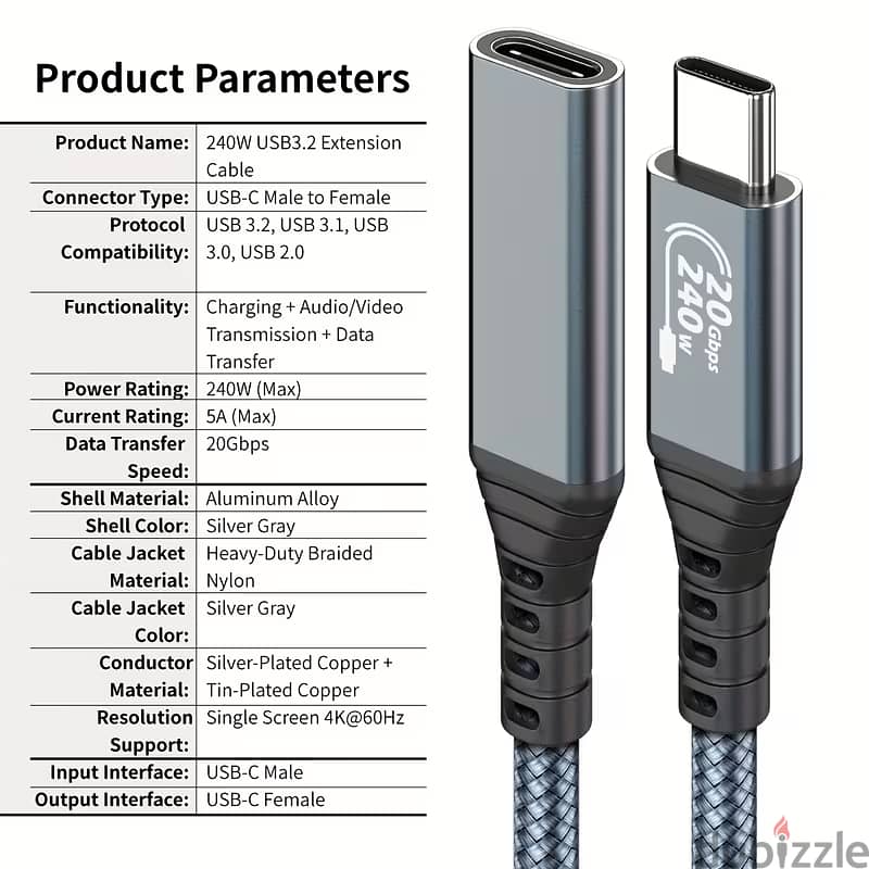 USB C Extension Cable PD240W Fast Charging 20Gbps Data Transfer 4K Vid 1