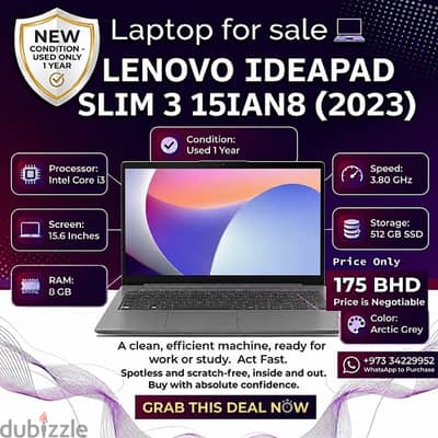Lenovo IdeaPad Slim 3 15IAN8 (2023) – Inteli3 | 8GB RAM | 512GB SSD |