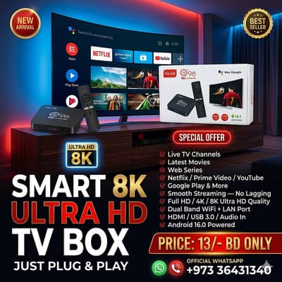 8K Smart TV Box With Android 16 & Dual Band Watch Free All TV & Movies
