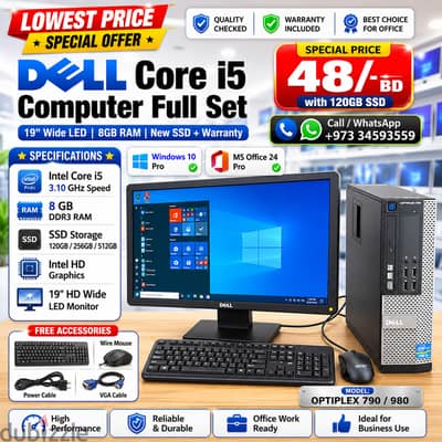 DELL Core i5 Computer Set 19" Wide Monitor 8GB RAM + New SSD Ready