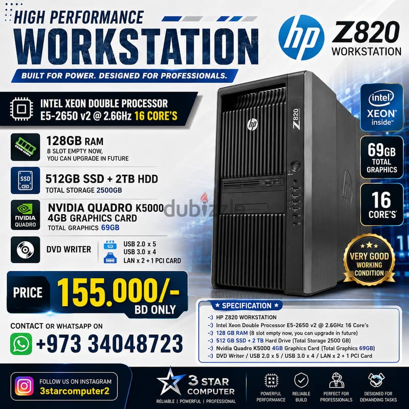 HP Workstation Xeon Dual Processor 128GBRAM 512GBSSD+2TBHD 4GB Graphic 1