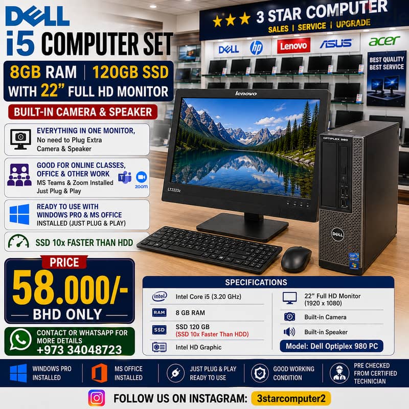 DELL i5 Computer 8GB Ram (SSD 10x Fast)22" FHD Monitor Camera,Speaker 1