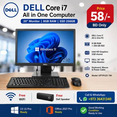 DELL Core i7 All In One Computer 20" Wide Monitor 8GB RAM + 256GB SSD