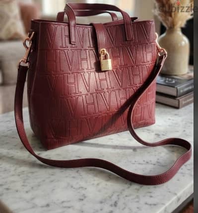 wine-red embossed monogram tote bag