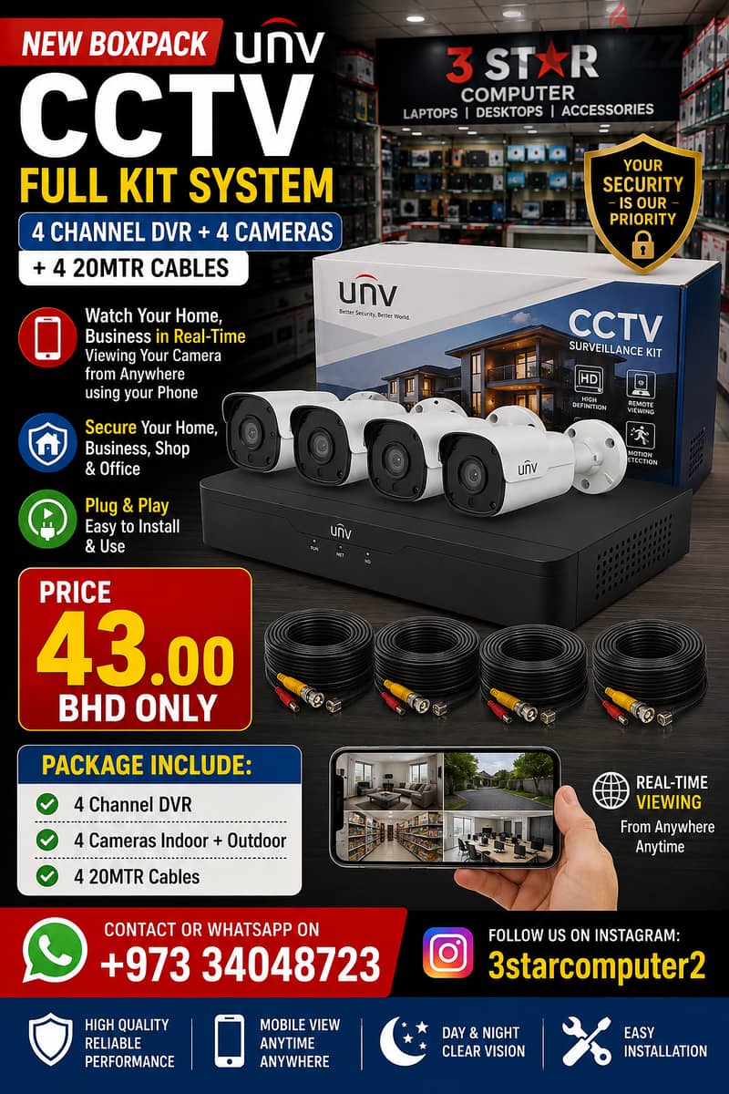 New UNV CCTV Full Kit System 4 Channel DVR + 4 Cameras + 20MTR 4 Cable 1