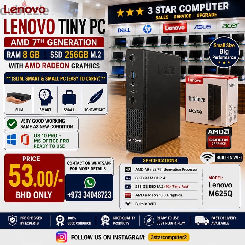 Lenovo Tiny PC AMD 7th Gen RAM 8GB SSD 256GB M. 2 AMD Graphics WIFI 1