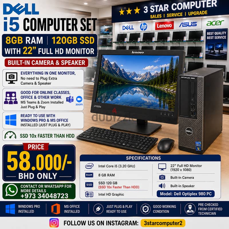 DELL I5 Computer 8GB Ram SSD Fast 22" FHD Monitor Camera,Speaker 1