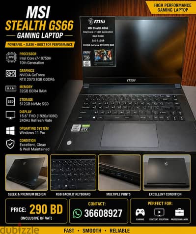 MSI GS66 Stealth Gaming Laptop – RTX 2070 8GB / 32GB RAM / 240Hz