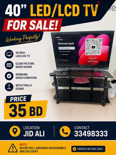 40” SONY LCD TV FOR SALE WITH STAND – ONLY BD 35