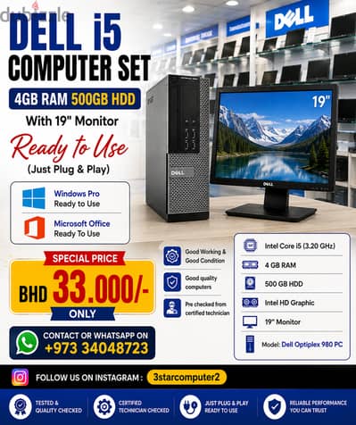 DELL i5 Computer Set 4GB Ram 500GB HDD With 19" Monitor Win & Office R