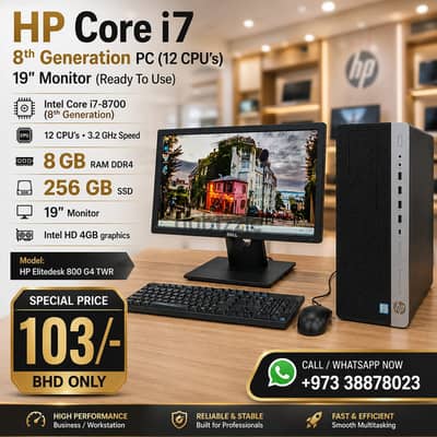 HP Core i7 8th Gen PC 3.2GHz (12CPUs) RAM 8GB SSD 256GB 19" Monitor Re
