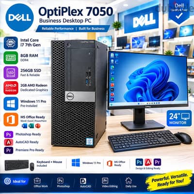 Dell Core i7 7th Gen Computer Set 8GB RAM 256GB SSD 2GB AMD 24" Moni