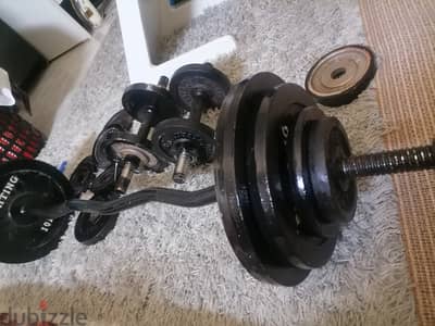 Gym equipment-Dumbells & barbell with weights(55kg)