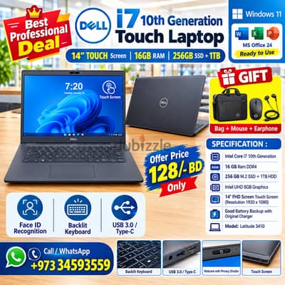 DELL i7 10th Gen Touch Laptop 14" FHD Touch LED 16GB RAM 256GB SSD+1TB