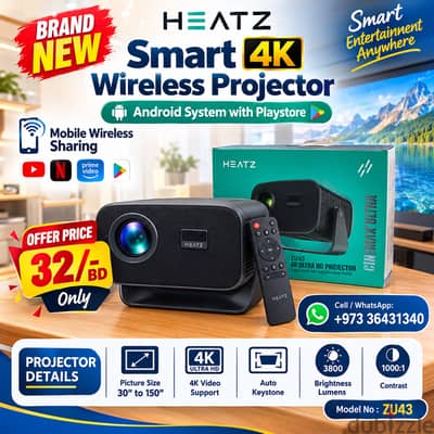 New 4K Smart Android Projector with Play Store Mobile Screen Sharing