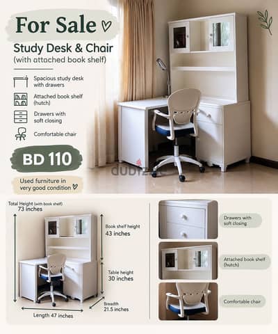 Study desk with book shelf and chair