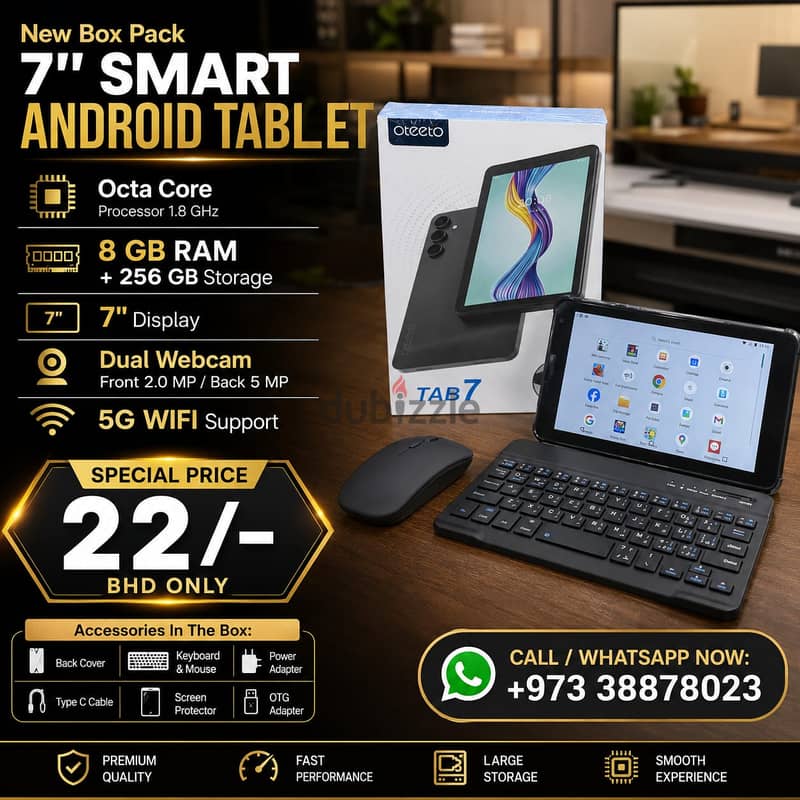 New 7" Smart Android Tablet 8GB RAM + 256GB Storage FREE Cover, Keyboa 1
