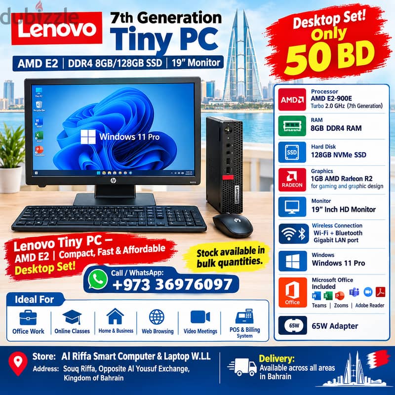 Lenovo 7th Generation Tiny PC AMD E2 DDR4 8GB/128GB SSD 19’’ Monitor 6
