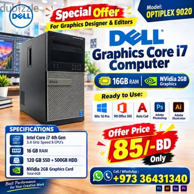 DELL Graphics Core i7 PC 16GB RAM NVidia 2GB Graphics 120GB SSD+500GB