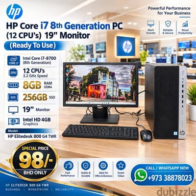 HP Core i7 8th Gen PC 3.2GHz (12CPUs) RAM 8GB SSD 256GB 19" Monitor Re