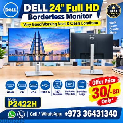 DELL 24" Full HD Borderless Monitor 180* Rotatable Input: HDMI DP USB