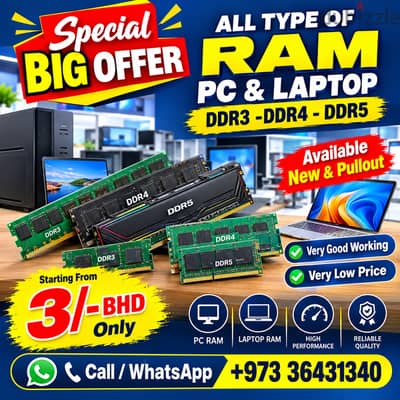 Special Offer All Type of PC & Laptop RAM DDR3 - DDR4 - DDR5 Available