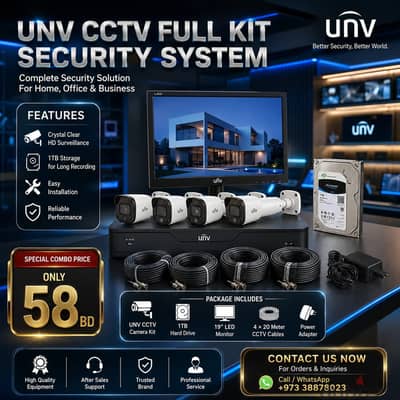 Brand New UNV CCTV System Full Kit 4 Channel DVR + 4 Cameras + 1TB HDD
