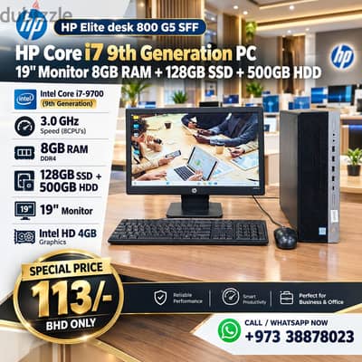 HP Core i7 9th Generation PC 8GB RAM 128GB SSD + 500GB HDD 19" Monitor