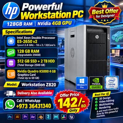 HP Workstation Two Xeon CPU 32 Core's 128GB RAM - NVidia 4GB Graphics