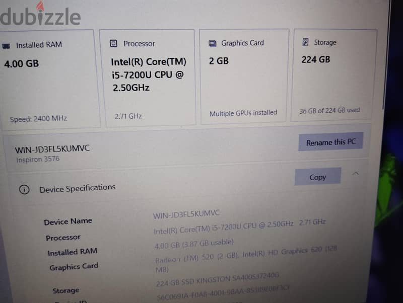 Dell Inspiron 15 Intel(R) Core i5 ram 4 GB 256 ssd 3