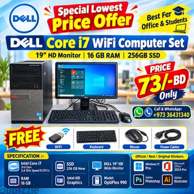 DELL Core i7 3.4GHz WiFi Computer Set DELL HD Wide Monitor + 16 GB RAM
