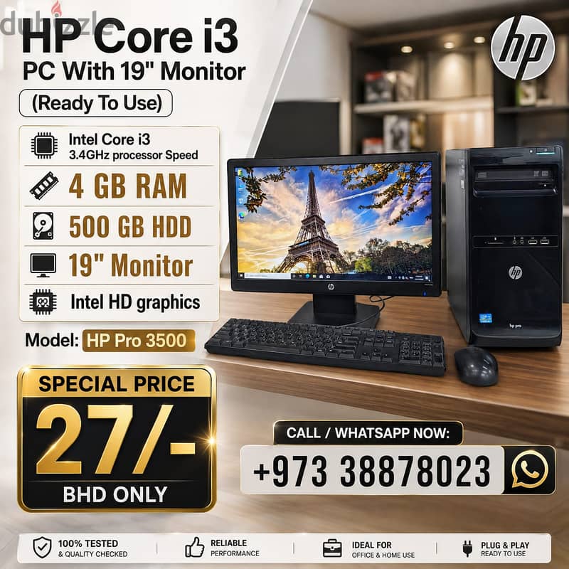 HP Core i3 3.4Ghz PC 4GB RAM 500GB HDD 19" Monitor Windows Pro & Offic 1