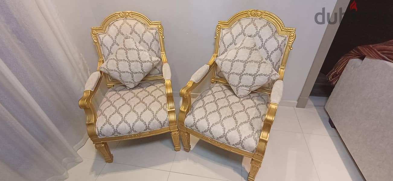 Elegant Gold Accent Chairs with Patterned Upholstery (Pair) 5