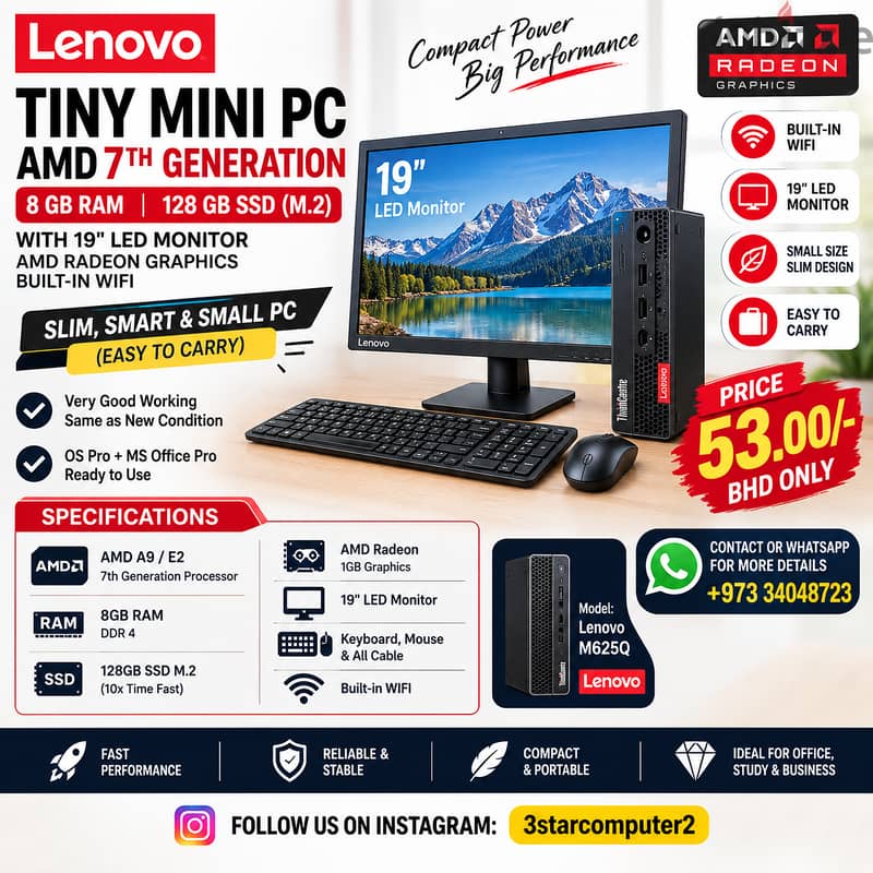 Lenovo Tiny PC AMD 7th Gen RAM 8GB SSDM. 2 1GB Graphic 19" Monitor WIFI 1