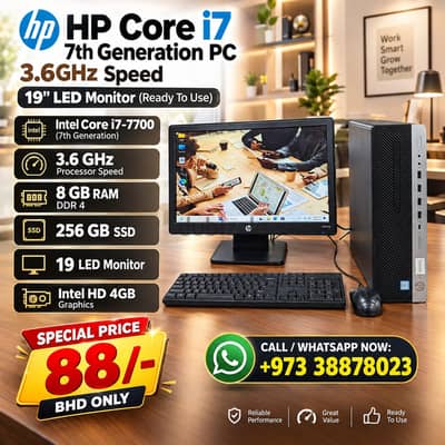 HP Core i7 3.60GHz Speed 7th GEN PC 8GB RAM 256GB SSD 19" LED Monitor