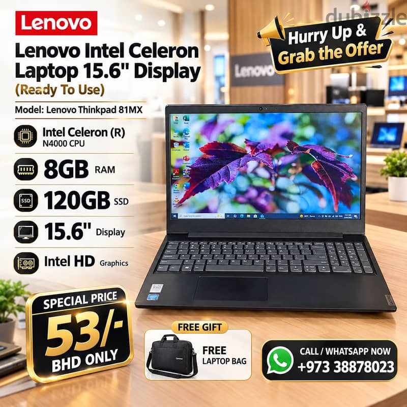 Lenovo Intel Celeron Laptop 8GB RAM 15.6" Display Win & MS Office Read 1