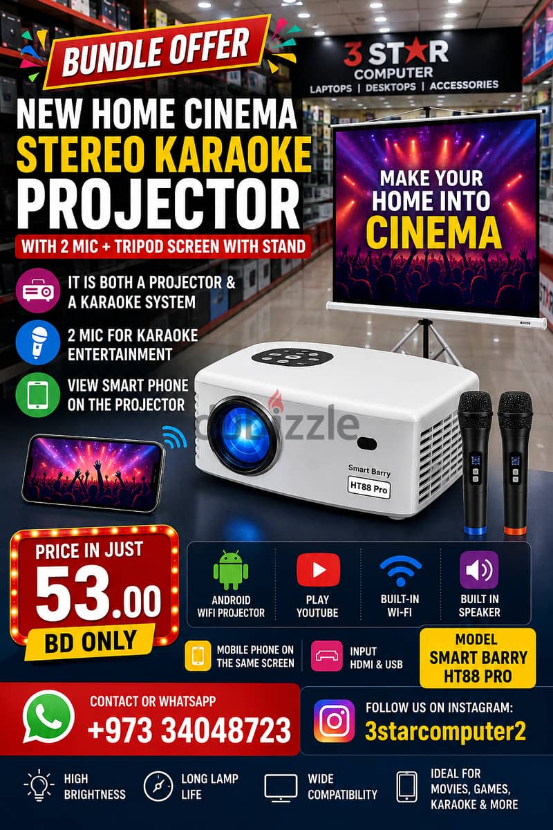 New Home Cinema Stereo Karaoke Projector With 2 Mic+Tripod ScreenStand 1