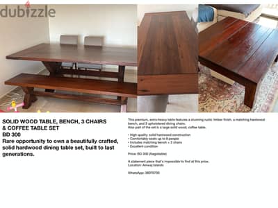 SOLID WOOD TABLE, BENCH, 3 CHAIRS & COFFEE TABLE SET BD 300neg