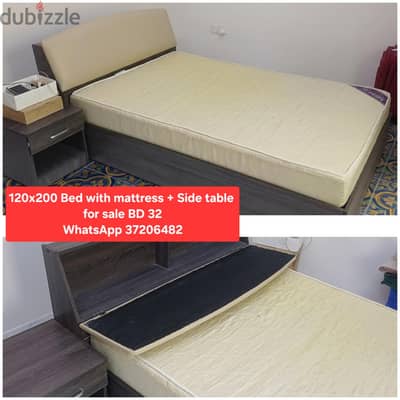 120x200 bed & mattress + 1 side table & other items for sale