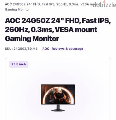 AOC 24G5OZ 24" FHD, Fast IPS, 260Hz, 0.3ms, VESA mount Gaming Monitor
