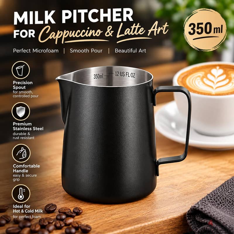 ZOKONI 1pc 12oz/350ml Black Stainless Steel Milk Frothing Pitche 1